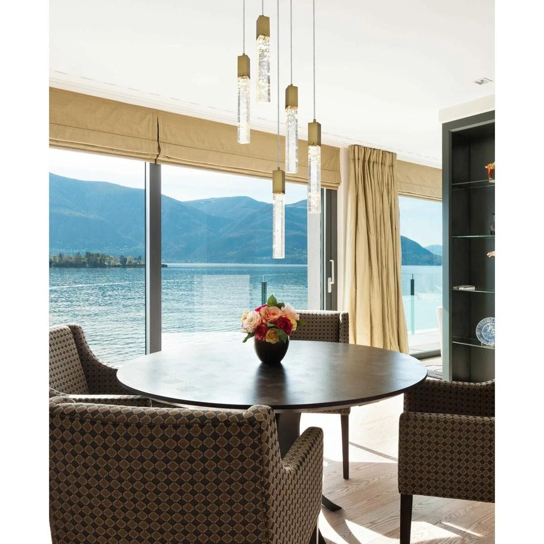 Aurora 5-Light Satin Gold Crystal Pendant Chandelier 16 in Wide: Aurora 5-Light Satin Gold Crystal Pendant Chandelier 16 in Wide This modern crystal chandelier pendant features a sophisticated satin gold finish and a rectangular shape, making it an elegant addition