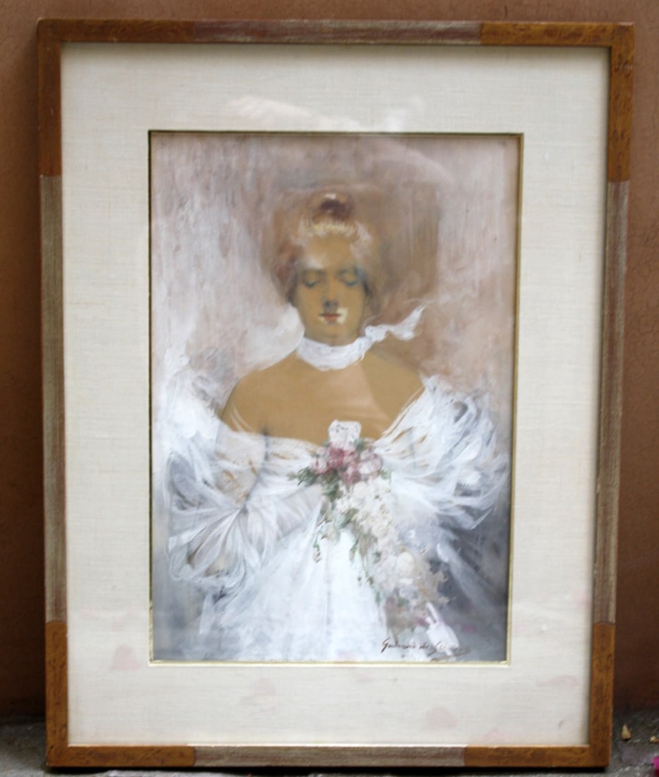 Framed Symbolism Pastel Painting by Lucian Victor Guirand de Scevola: Framed Symbolism Pastel Painting by Lucian Victor Guirand de Scevola This exquisite pastel painting on paper exemplifies the Symbolism style and is created by the renowned French artist Lucian Victor 