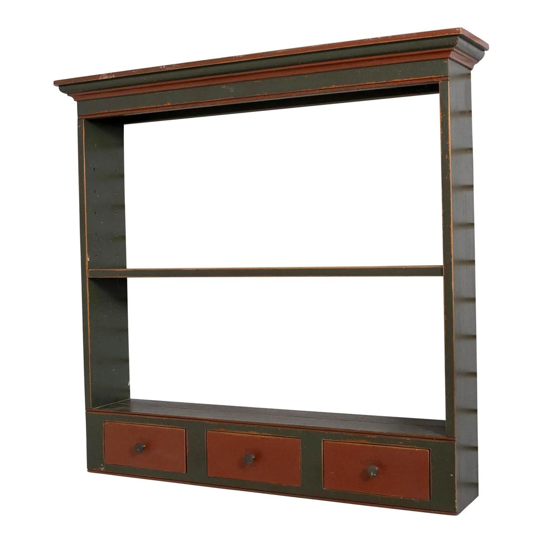 David Smith Handcrafted Green Painted Wall Shelf 38w x 36h: David Smith Handcrafted Green Painted Wall Shelf 38w x 36h This beautifully crafted David Smith Primitive Country Painted Wall Shelf showcases a charming blend of functionality and rustic aesthetics. 