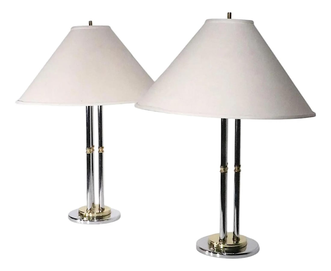 Pair of Chrome and Brass Postmodern Hollywood Regency Style Table Lamps With Shades (1 of 10)