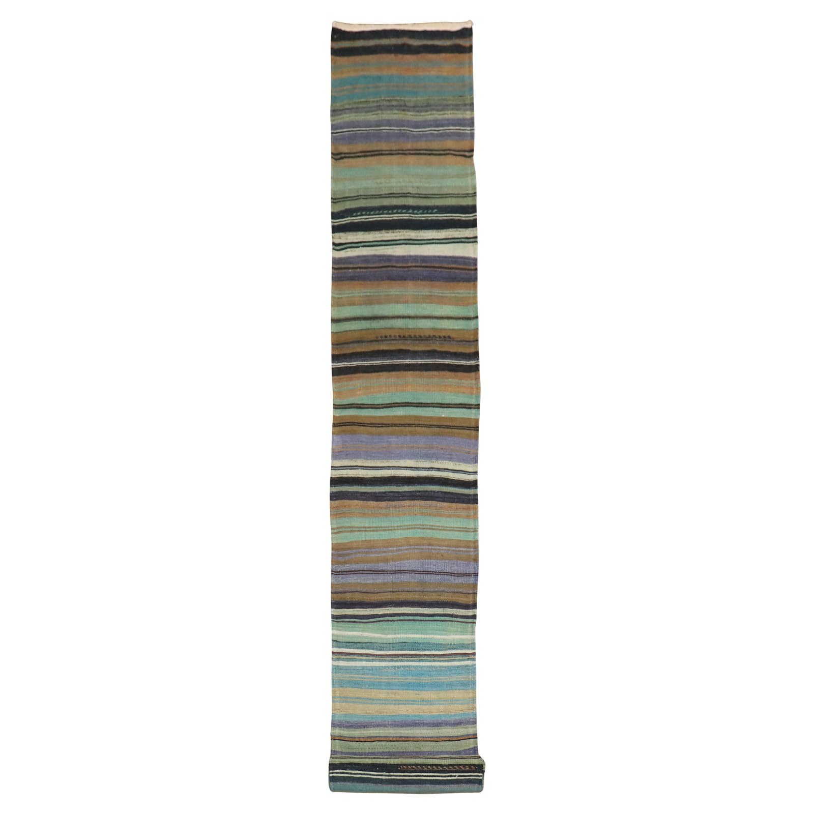 Zabihi Collection Hand-Knotted Turkish Kilim Runner 29 x 270 in Wool Vintage: Zabihi Collection Hand-Knotted Turkish Kilim Runner 29 x 270 in Wool Vintage Discover the unique charm of this one-of-a-kind mid-20th century Turkish Kilim Runner, showcasing a striking striped motif.