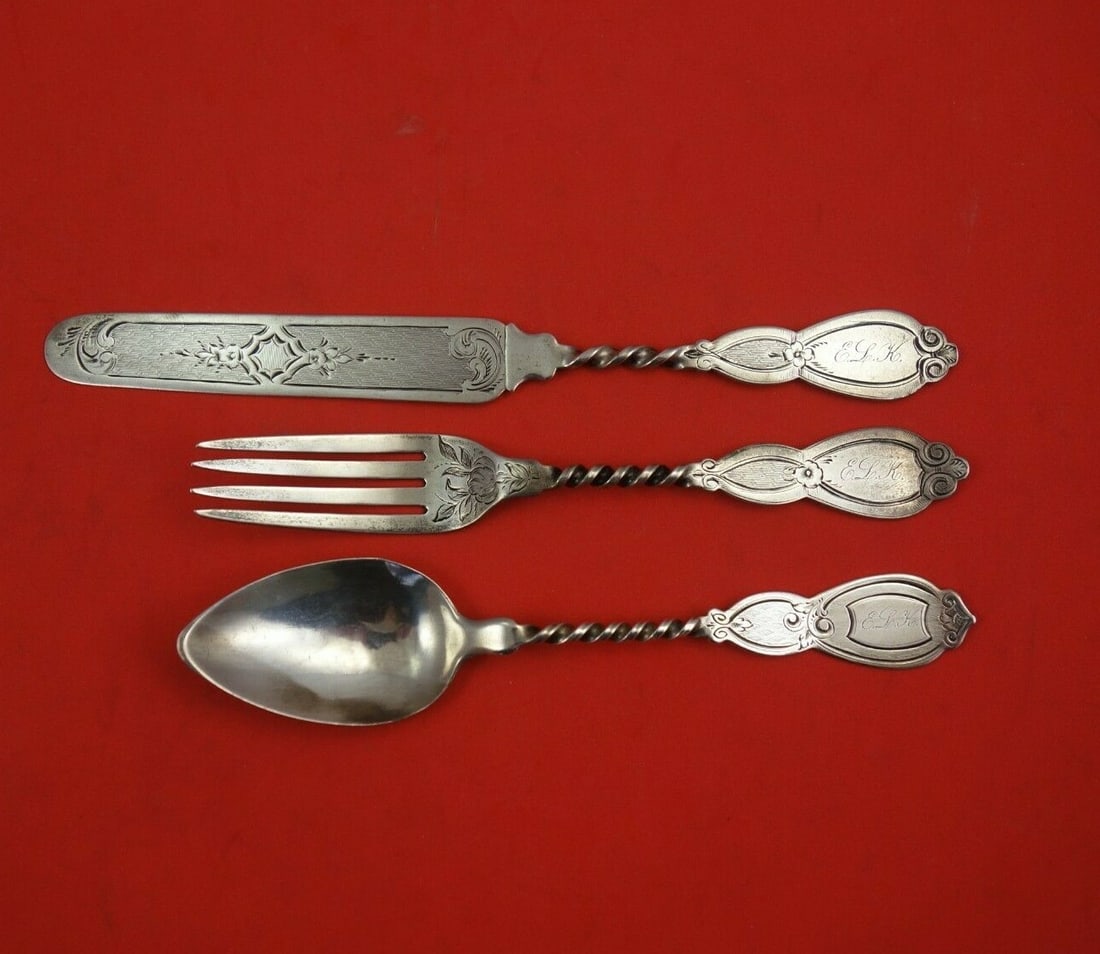 Twand Co Coin Silver 3-Piece Junior Set Knife Fork Spoon Monogrammed: Twand Co Coin Silver 3-Piece Junior Set Knife Fork Spoon Monogrammed This exquisite 3-piece junior set by Twand Co. features bright-cut designs and is crafted from high-quality coin silver (.900). The