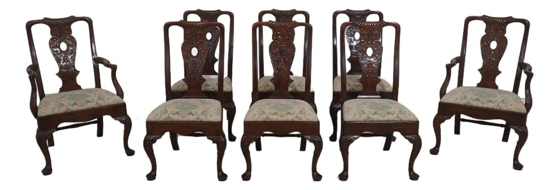 Eight Chippendale Style Mahogany Dining Chairs with Ornate Carved Backs Set of 8 (1 of 10)
