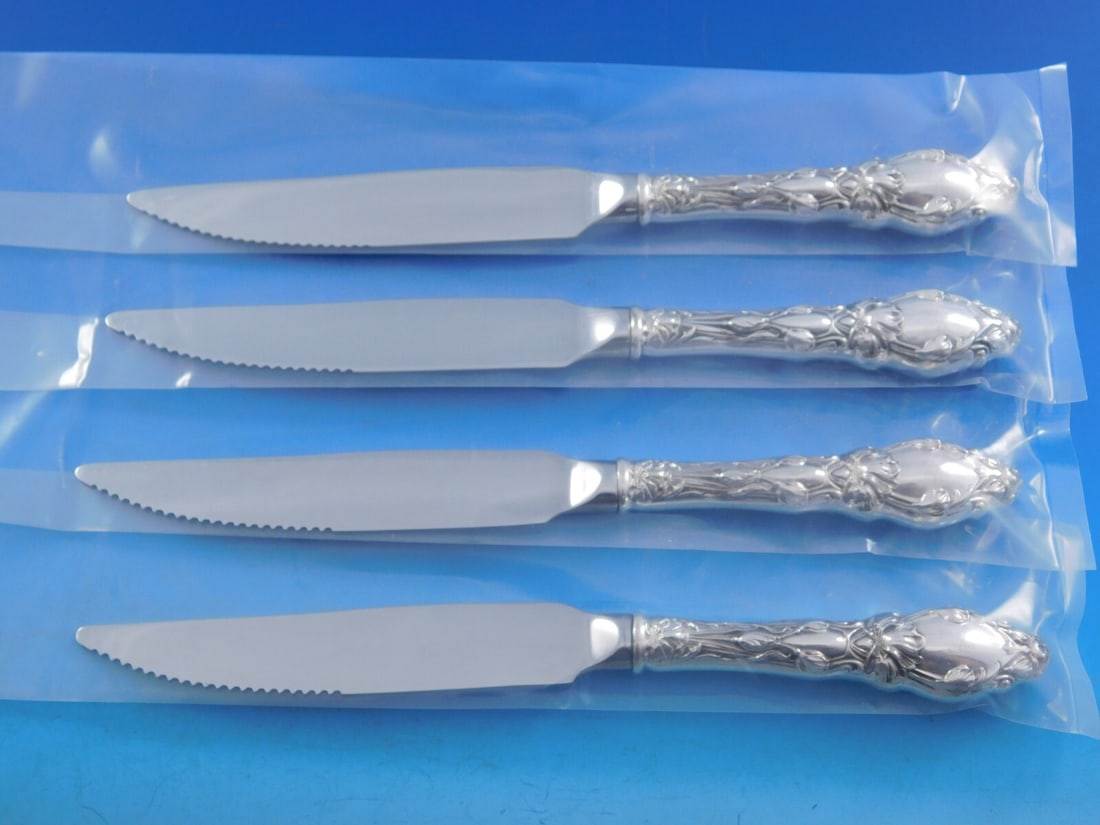 Gorham Virginiana Sterling Silver Steak Knife Set 4pc Custom 8 1/2": Gorham Virginiana Sterling Silver Steak Knife Set 4pc Custom 8 1/2" Enhance your dining experience with this exquisite Virginiana by Gorham Sterling Silver Steak Knife Set. This four-piece set feature