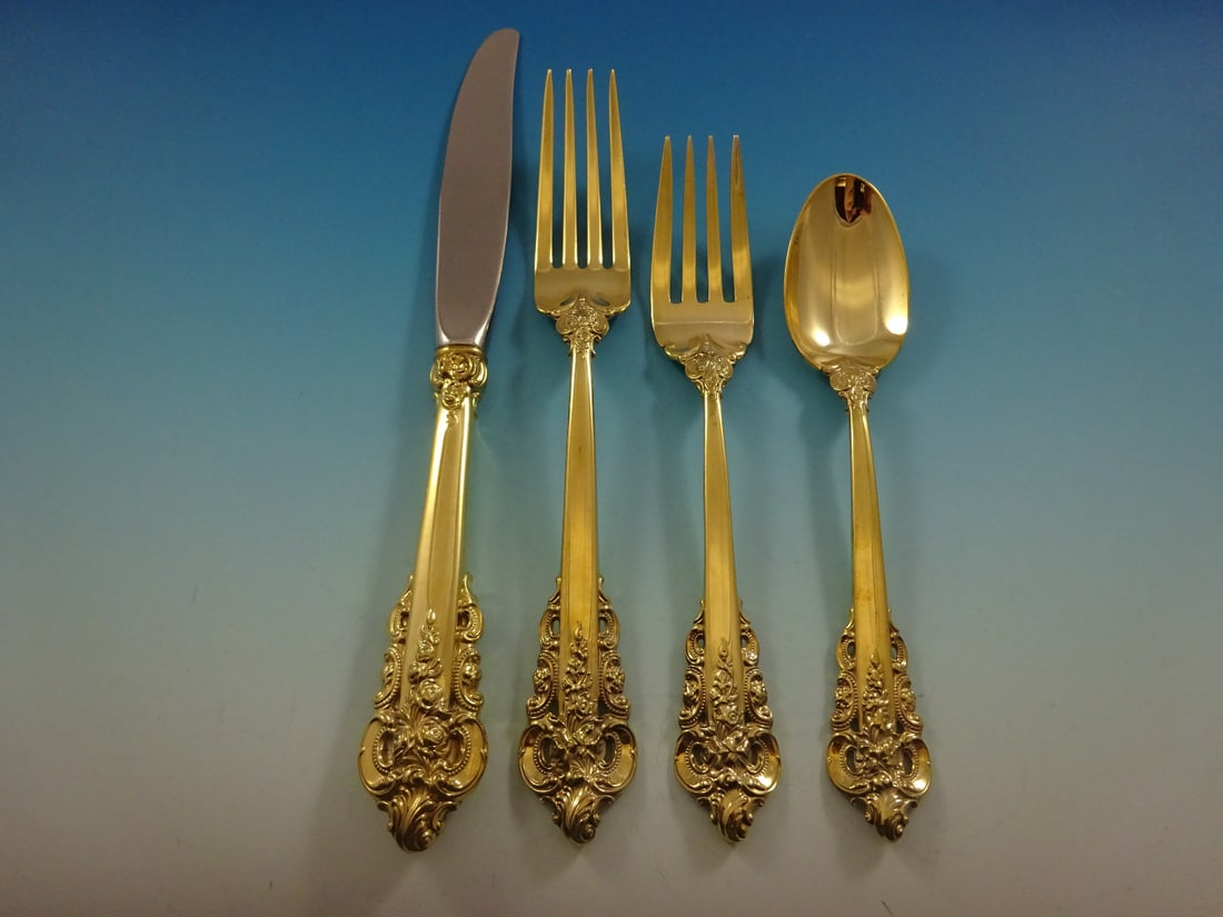 Grande Baroque Wallace Sterling Silver 32-Piece Flatware Set Gold Vermeil: Grande Baroque Wallace Sterling Silver 32-Piece Flatware Set Gold Vermeil Elevate your dining experience with this exquisite Grande Baroque flatware set by Wallace. Crafted from high-quality sterling 