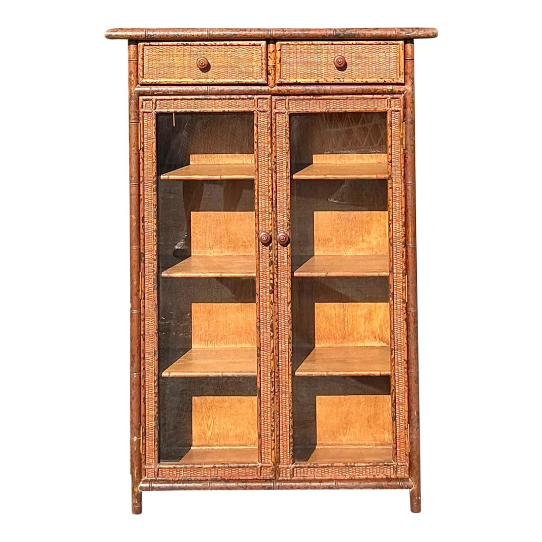 Vintage Boho Carved Bamboo Cabinet with Mirrored Doors (1 of 10)
