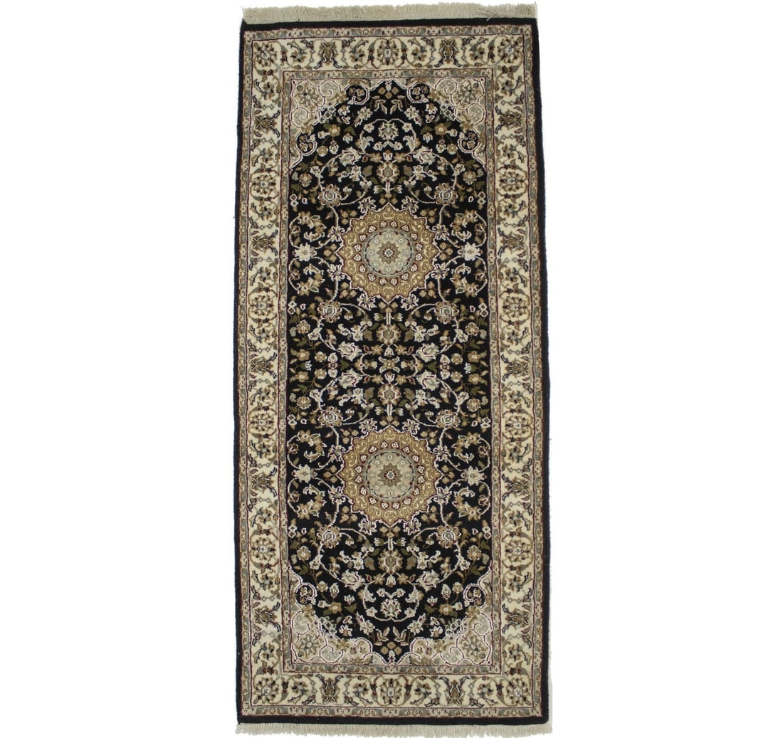 Hand Knotted Wool Silk Floral Runner Rug 2'8 x 6'2: Hand Knotted Wool Silk Floral Runner Rug 2'8 x 6'2 Enhance your space with this exquisite Handmade Indo-Nain Oriental Runner Rug, featuring a classic floral design. Measuring 2'8" x 6'2", this rug is 