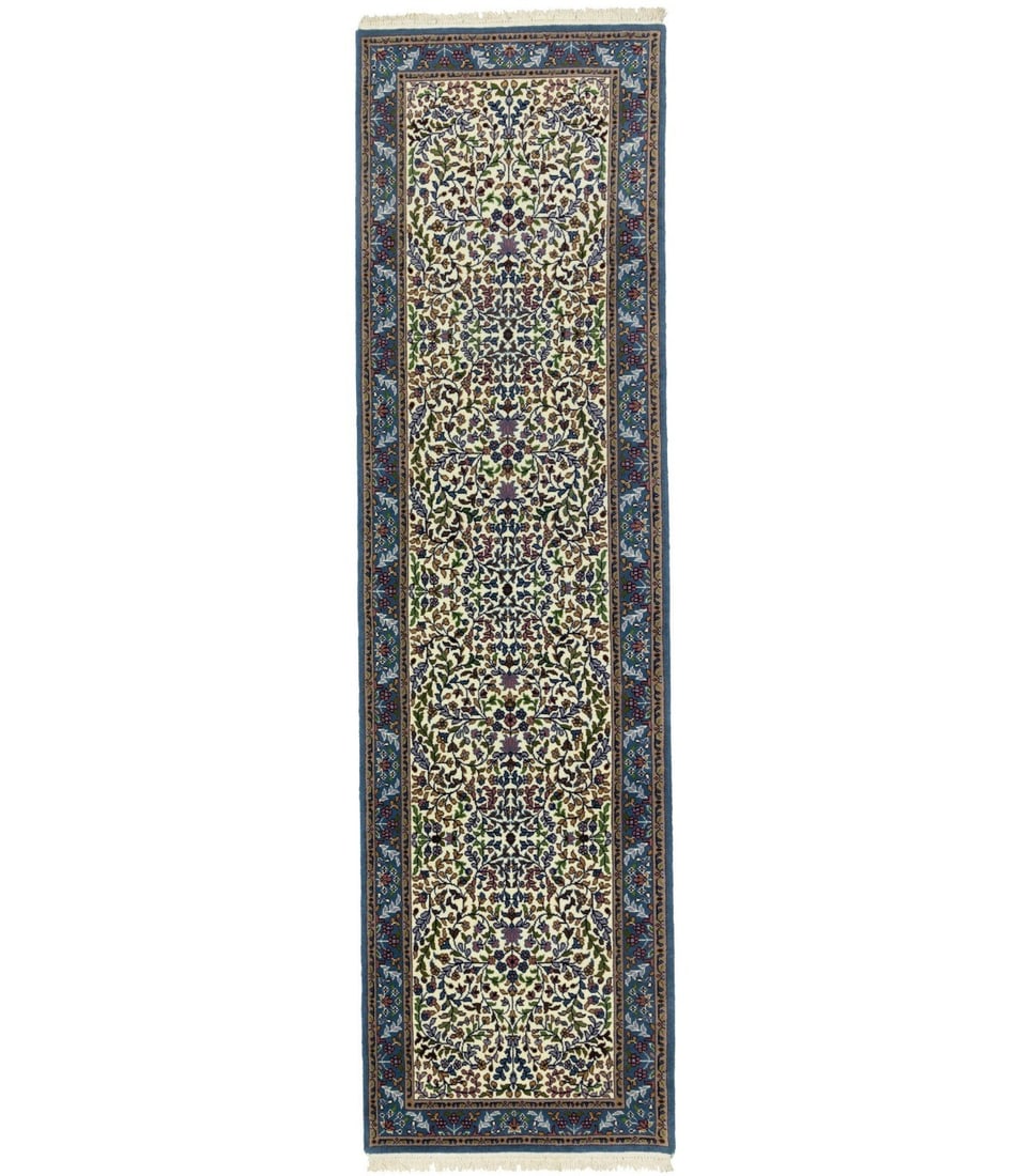 Handmade Kirman Floral Runner Rug 2'8 x 9'6 Eco-Friendly Wool: Handmade Kirman Floral Runner Rug 2'8 x 9'6 Eco-Friendly Wool Enhance your space with this exquisite 2'8" x 9'6" handmade Kirman runner rug. Crafted in India, this elegant piece features a stunning fl