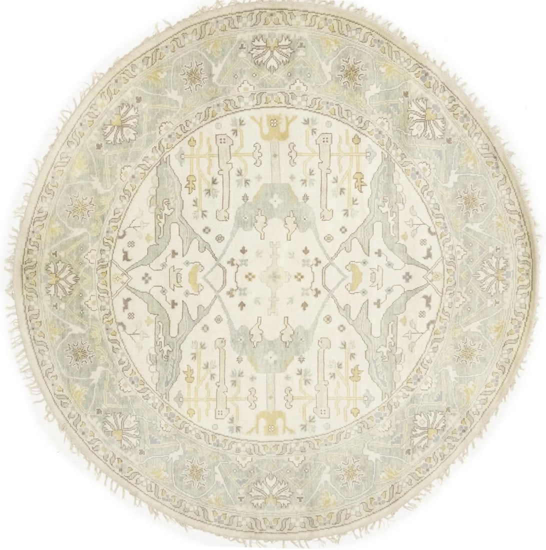 8'11 x 8'11 Round Wool Oushak Rug Hand Knotted Floral Cream: 8'11 x 8'11 Round Wool Oushak Rug Hand Knotted Floral Cream Hand-knotted round Oushak area rug in a floral pattern with a cream-based muted color palette including light green, brown, pastel yellow, a