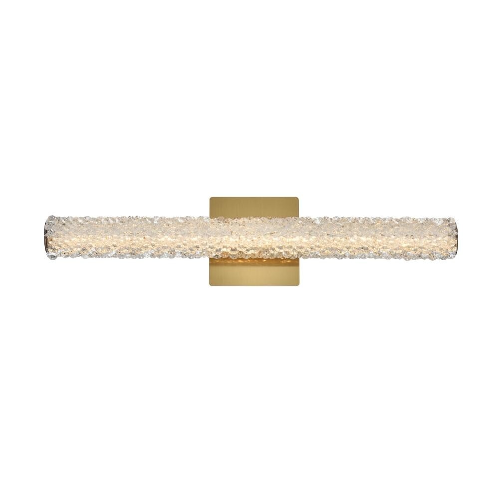 Bowen 24 Inch Satin Gold Crystal LED Wall Sconce: Bowen 24 Inch Satin Gold Crystal LED Wall Sconce This modern crystal wall sconce features a sleek, satin gold finish and a horizontal design, measuring 24 inches in length. Crafted from crystal, glass