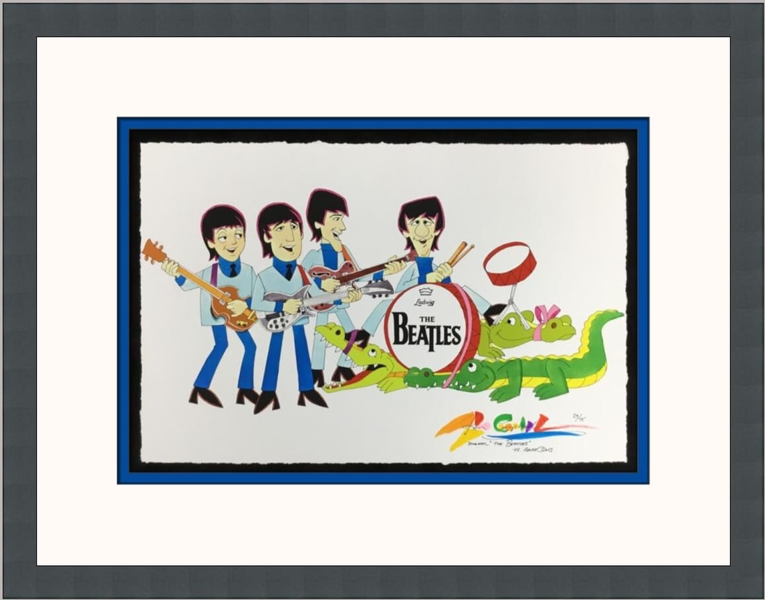 Ron Campbell Signed Limited Edition Beatles Giclee Print Framed 29/75: Ron Campbell Signed Limited Edition Beatles Giclee Print Framed 29/75 This captivating giclee print features the beloved characters from the animated Beatles series, titled "TV Beatles with Alligator"
