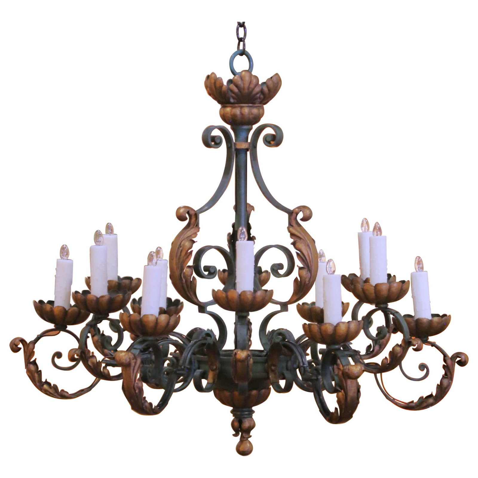 French Louis XV Style 12-Light Verdigris and Gilt Iron Chandelier Circa 1920 (1 of 11)