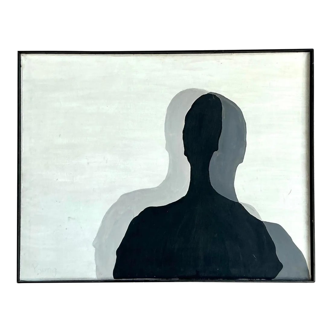 Monochrome Abstract Human Form Oil Painting Signed Young on Canvas: Monochrome Abstract Human Form Oil Painting Signed Young on Canvas This vintage abstract figurative oil painting, signed "Young," features a minimalist composition with bold silhouettes and softened s