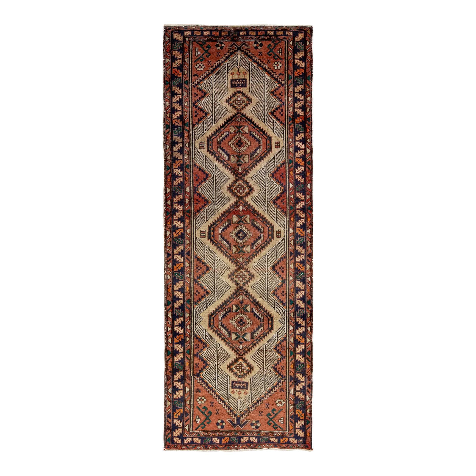 Vintage Handmade Persian Heriz Wool Runner 3'5 x 9'8 Terracotta: Vintage Handmade Persian Heriz Wool Runner 3'5 x 9'8 Terracotta Discover this exquisite vintage Persian Heriz wool runner, meticulously handmade with a stunning terracotta field. Featuring a unique