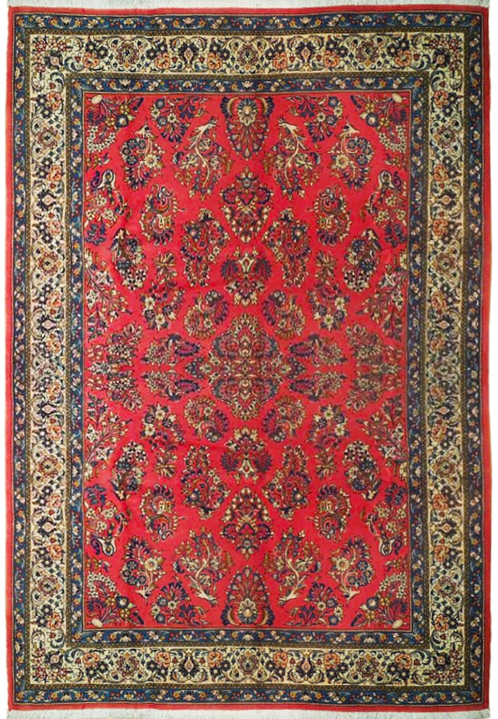 7'3 x 10'3 Pinky Salmon Persian Sarouk Handcrafted Wool Rug: 7'3 x 10'3 Pinky Salmon Persian Sarouk Handcrafted Wool Rug Free continental US Shipping Enhance your living space with this exquisite handcrafted Persian Sarouk wool rug, featuring traditional Persia