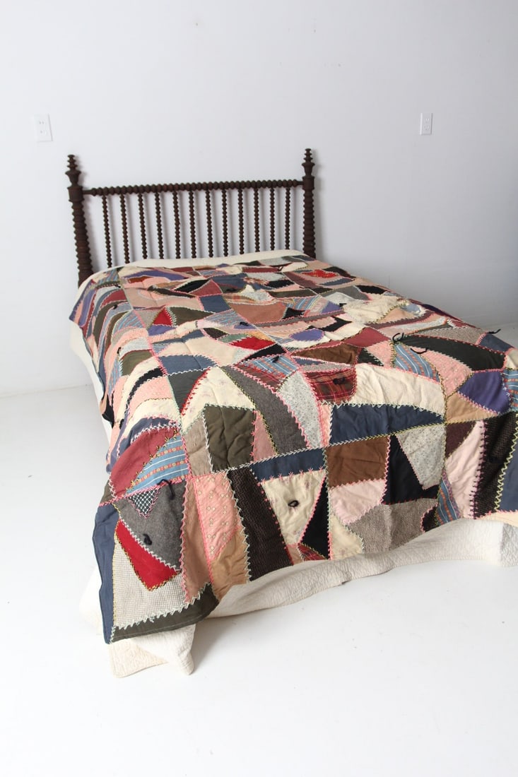 Victorian Crazy Quilt Hand Embroidered Patchwork Textile 69 x 84 (1 of 14)