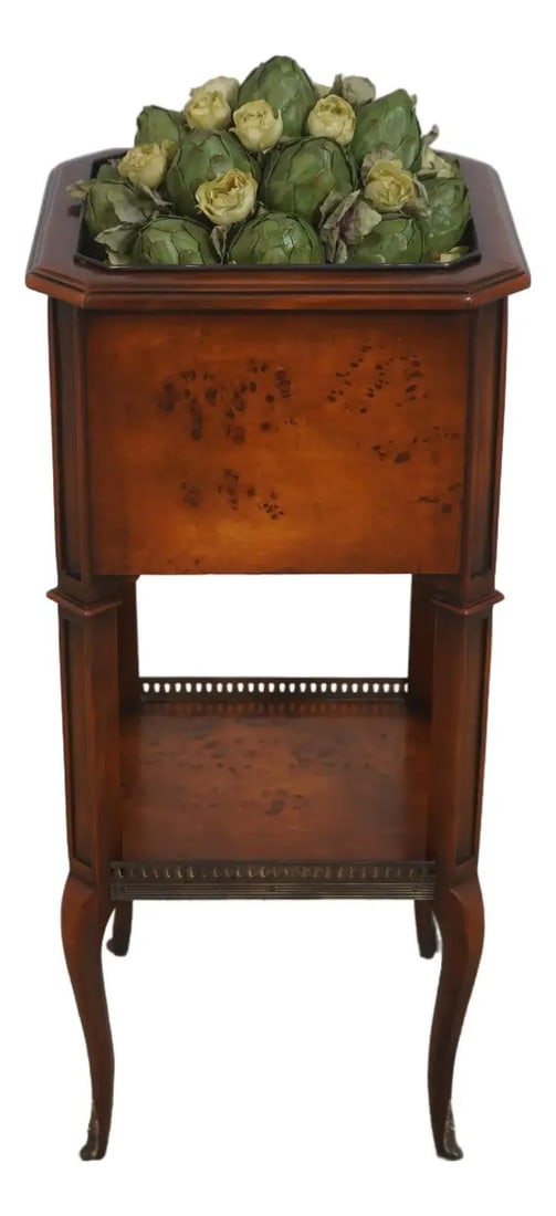 Theodore Alexander Mahogany Burl Walnut Plant Stand: Theodore Alexander Mahogany Burl Walnut Plant Stand This two-tier plant stand features a removable floral insert and is crafted from mahogany with burl walnut surfaces. It is designed in a traditional