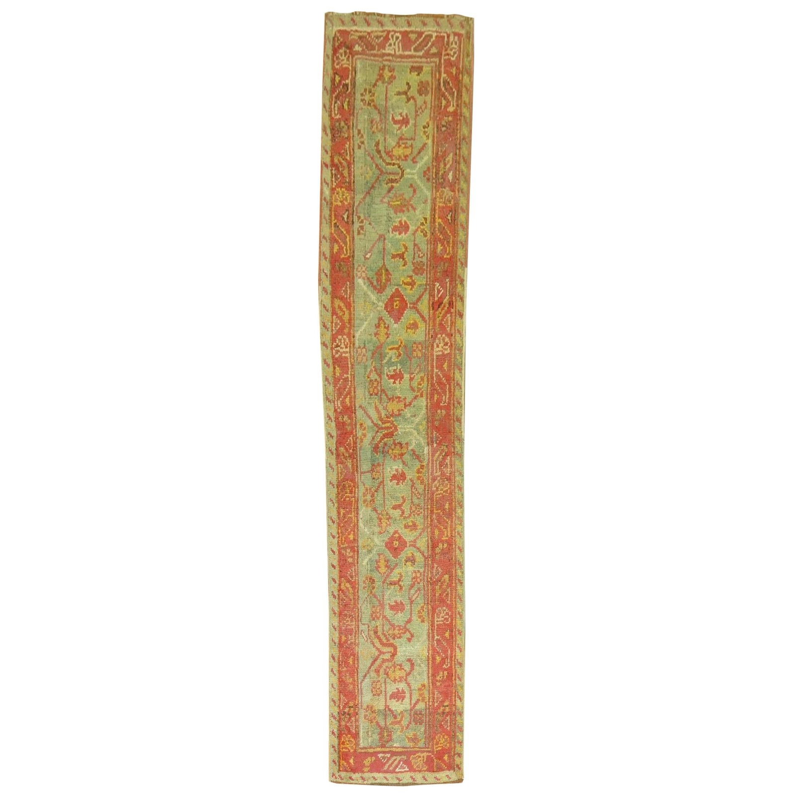 Sage Green Antique Oushak Runner 21 x 100 in Hand-Woven Wool Turkey: Sage Green Antique Oushak Runner 21 x 100 in Hand-Woven Wool Turkey This exquisite antique Oushak runner features a beautiful sage green background complemented by warm terracotta accents. Hand-woven 