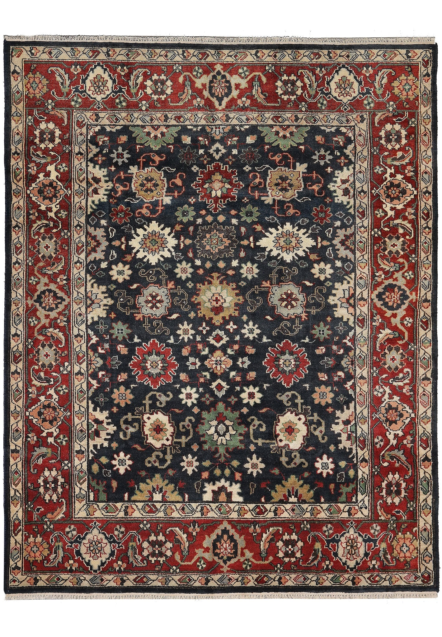 8 x 10 Handmade Mahal Rug Black Blue Wool Floral: 8 x 10 Handmade Mahal Rug Black Blue Wool Floral Free continental US Shipping This 8 x 10 handmade Mahal rug features a bold black and blue color palette with rich red and beige accents. It is hand-kn