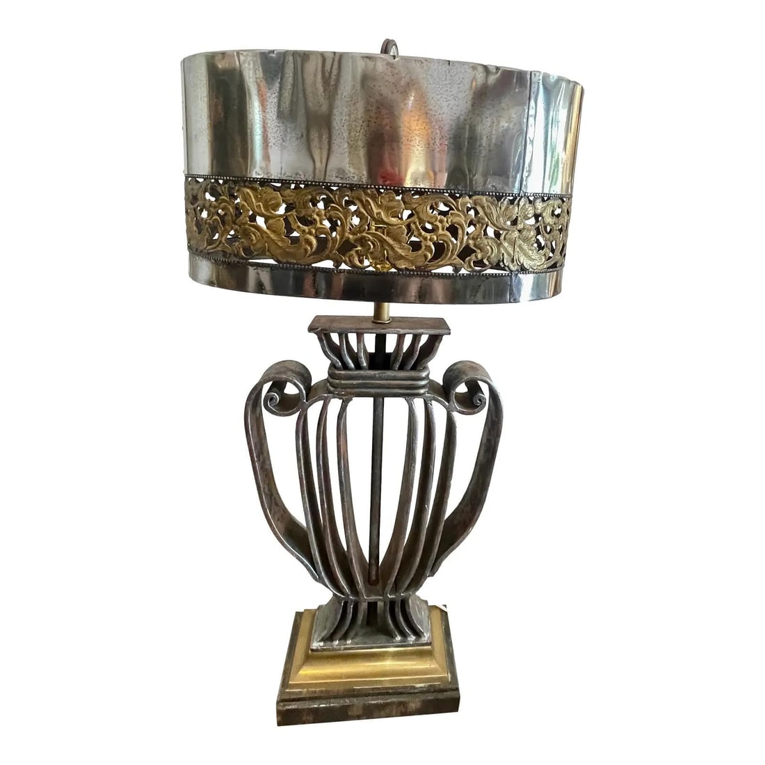 French Neoclassical Wrought Iron Table Lamp with Polished Metal Shade (1 of 10)