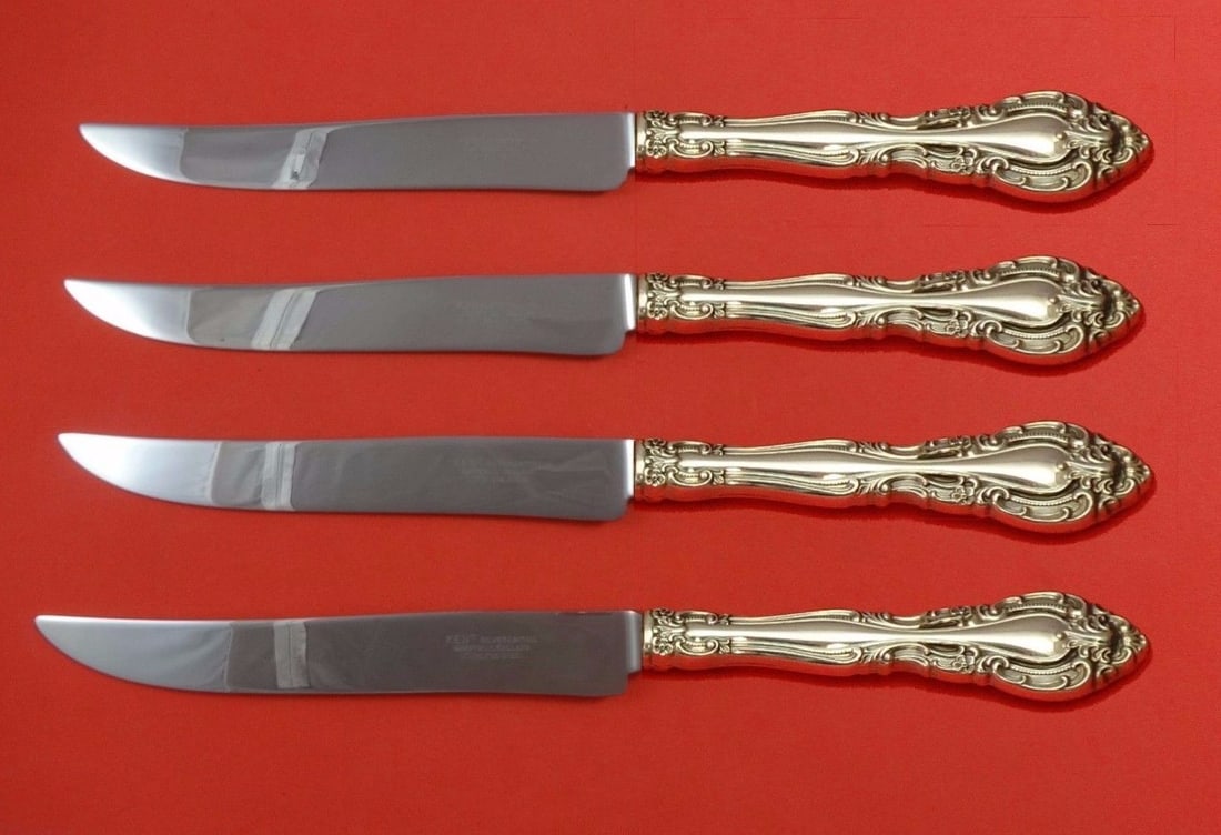 Alvin Vivaldi Sterling Silver Steak Knives 4pc Texas Sized Set: Alvin Vivaldi Sterling Silver Steak Knives 4pc Texas Sized Set Introducing the Vivaldi by Alvin Sterling Silver Steak Knife Set, a remarkable 4-piece collection designed for those who appreciate quali