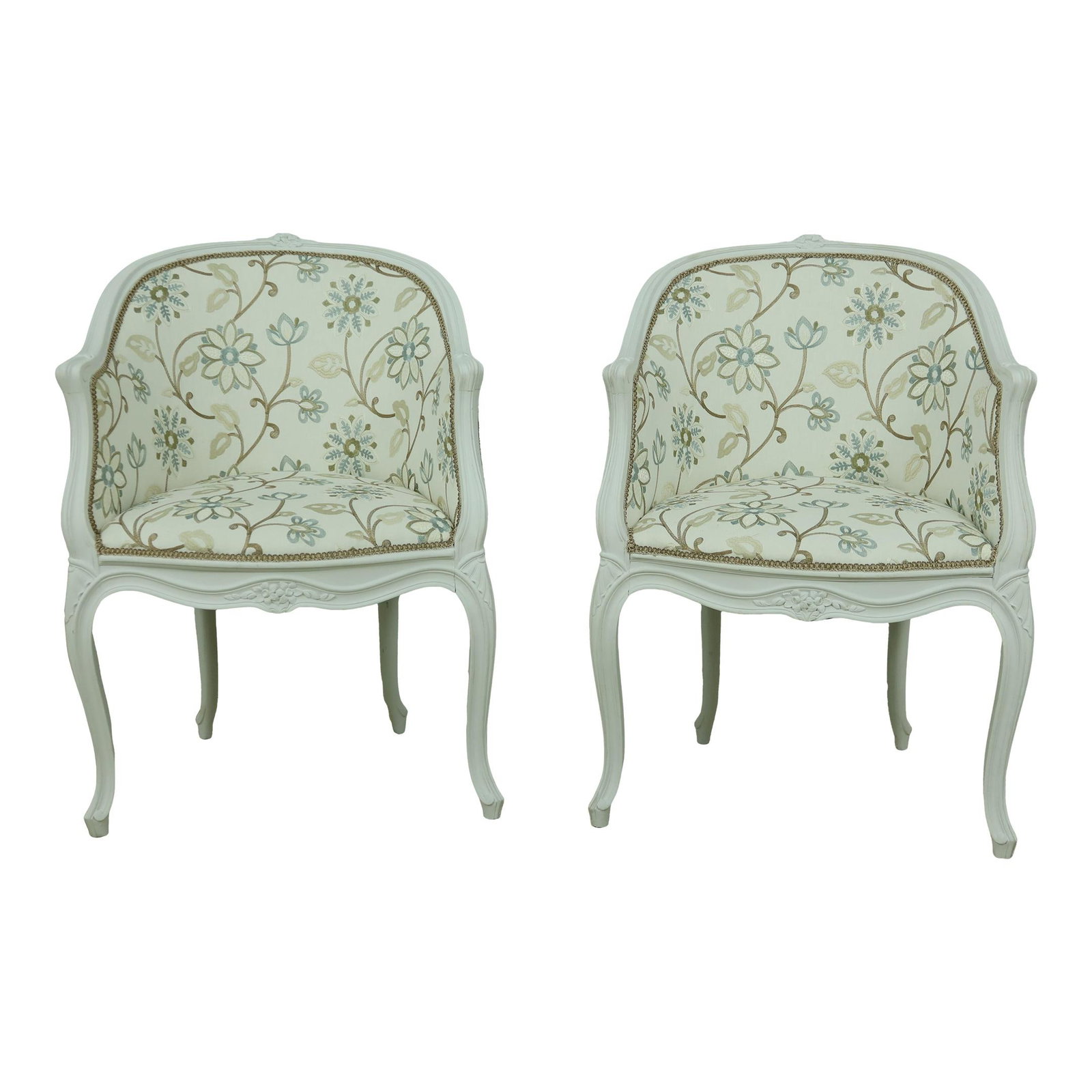 Exquisite Pair of French Style Upholstered Chairs: Exquisite Pair of French Style Upholstered Chairs This exquisite pair of French style chairs features high-quality stitched upholstery with a charming white chalk painted finish. The chairs showcase b
