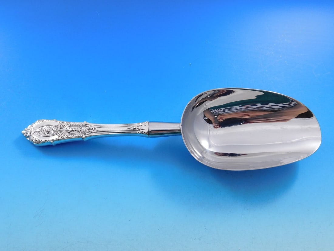 Wallace Rose Point Sterling Silver Ice Scoop 9 1/4" Custom Made: Wallace Rose Point Sterling Silver Ice Scoop 9 1/4" Custom Made This exquisite ice scoop features the elegant Rose Point pattern by Wallace. Crafted from sterling silver with a hollow handle, it is de
