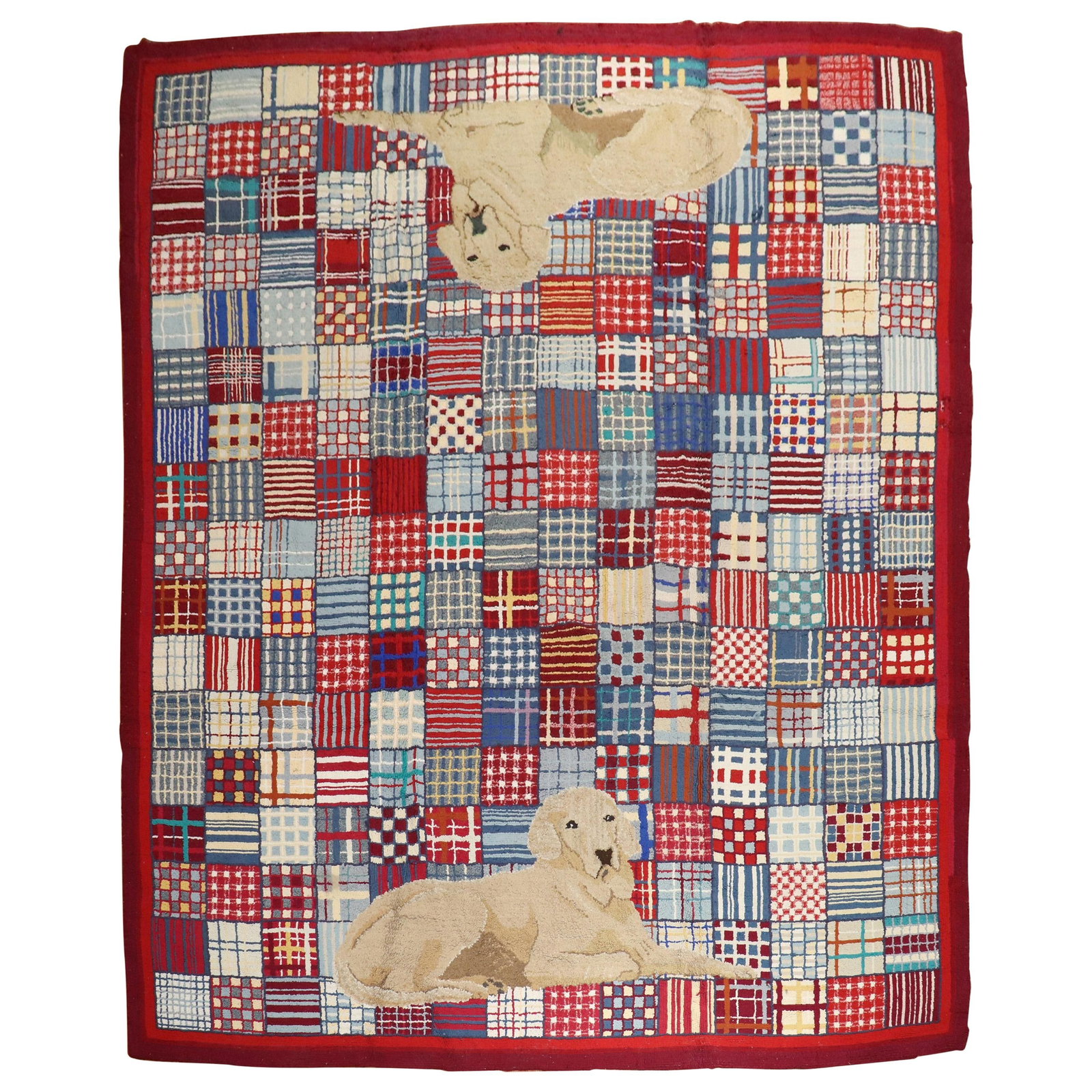 Large Mid-20th Century American Hooked Rug with Two Dogs Plaid Pattern (1 of 15)