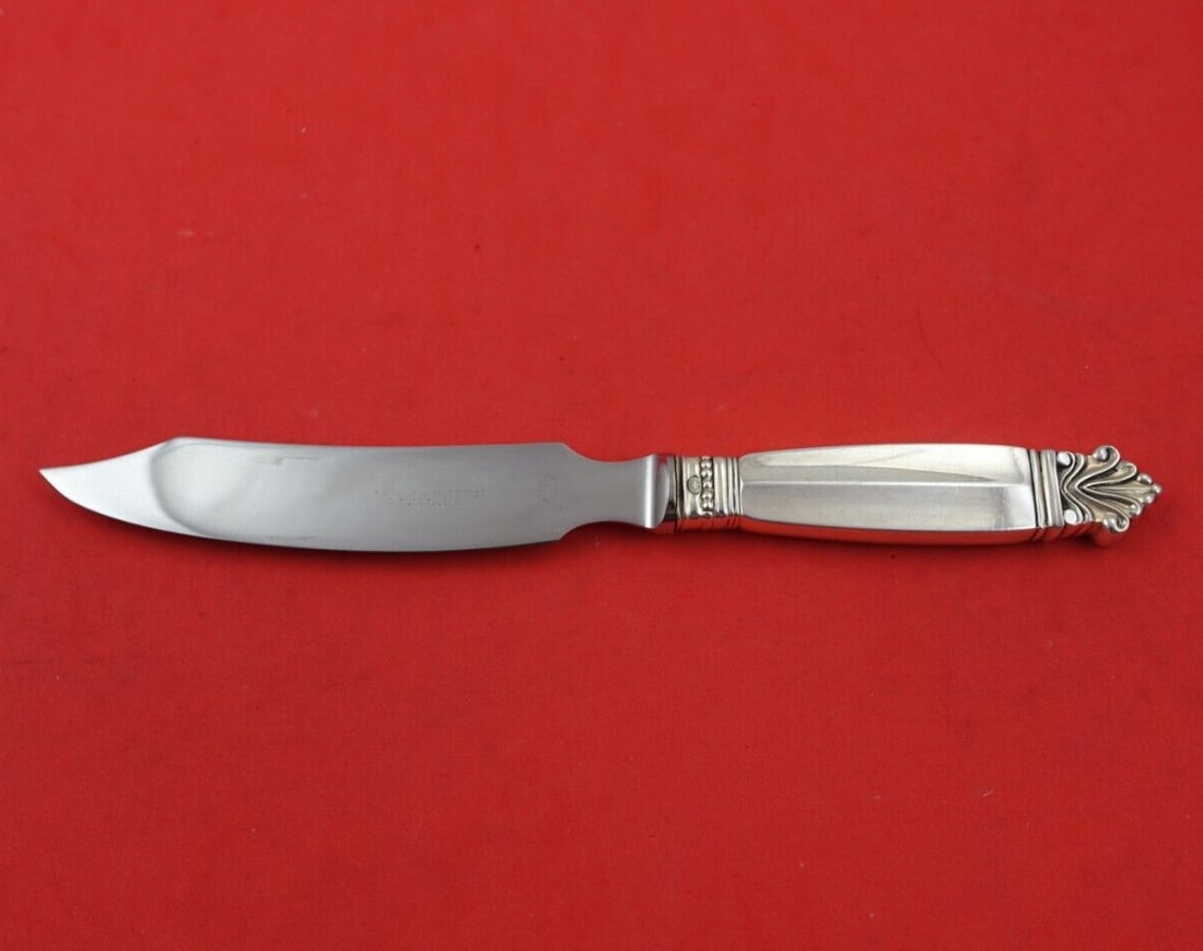 Georg Jensen Acanthus Sterling Silver Fish Knife 8 Inch: Georg Jensen Acanthus Sterling Silver Fish Knife 8 Inch Discover the elegance of the Acanthus fish knife by Georg Jensen, crafted from high-quality sterling silver with a stainless steel blade. This e