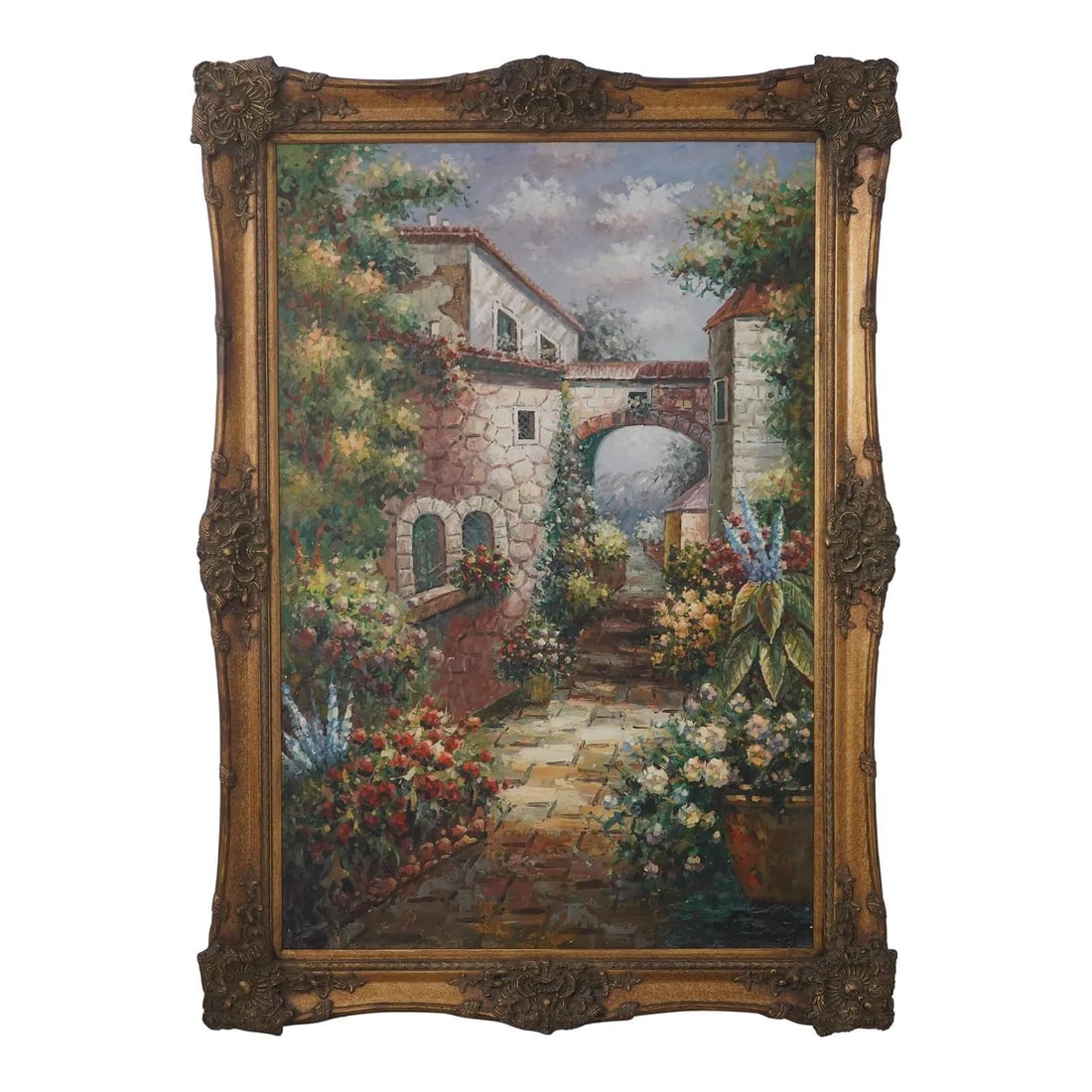 Large Framed European Village Walk Oil on Canvas (1 of 10)