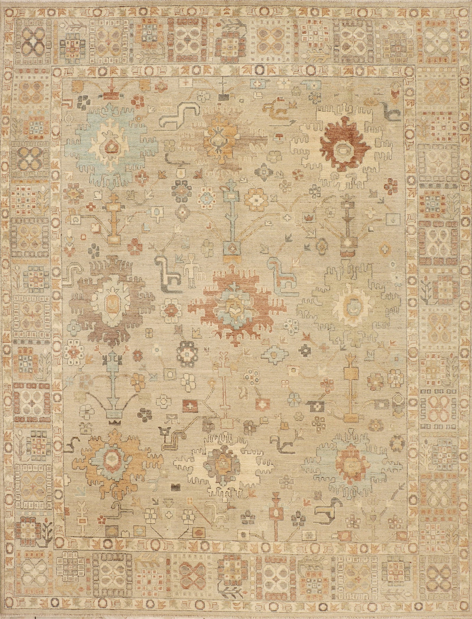 Handmade 12 x 9.2 Oushak Rug in Gazni Wool Pastel Colors: Handmade 12 x 9.2 Oushak Rug in Gazni Wool Pastel Colors Free continental US Shipping Enhance your living space with this exquisite 12 x 9.2 Oushak rug, meticulously handmade in Pakistan. Crafted from
