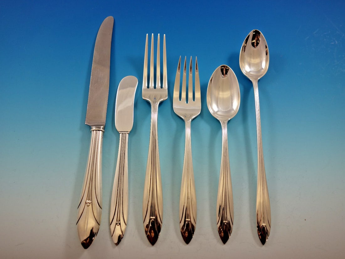 49 Piece Sterling Flatware Service for 8 International Elsinore Art Deco: 49 Piece Sterling Flatware Service for 8 International Elsinore Art Deco Elsinore by International is an Art Deco sterling silver flatware set in the Elsinore pattern. The 49-piece set includes 8 kniv
