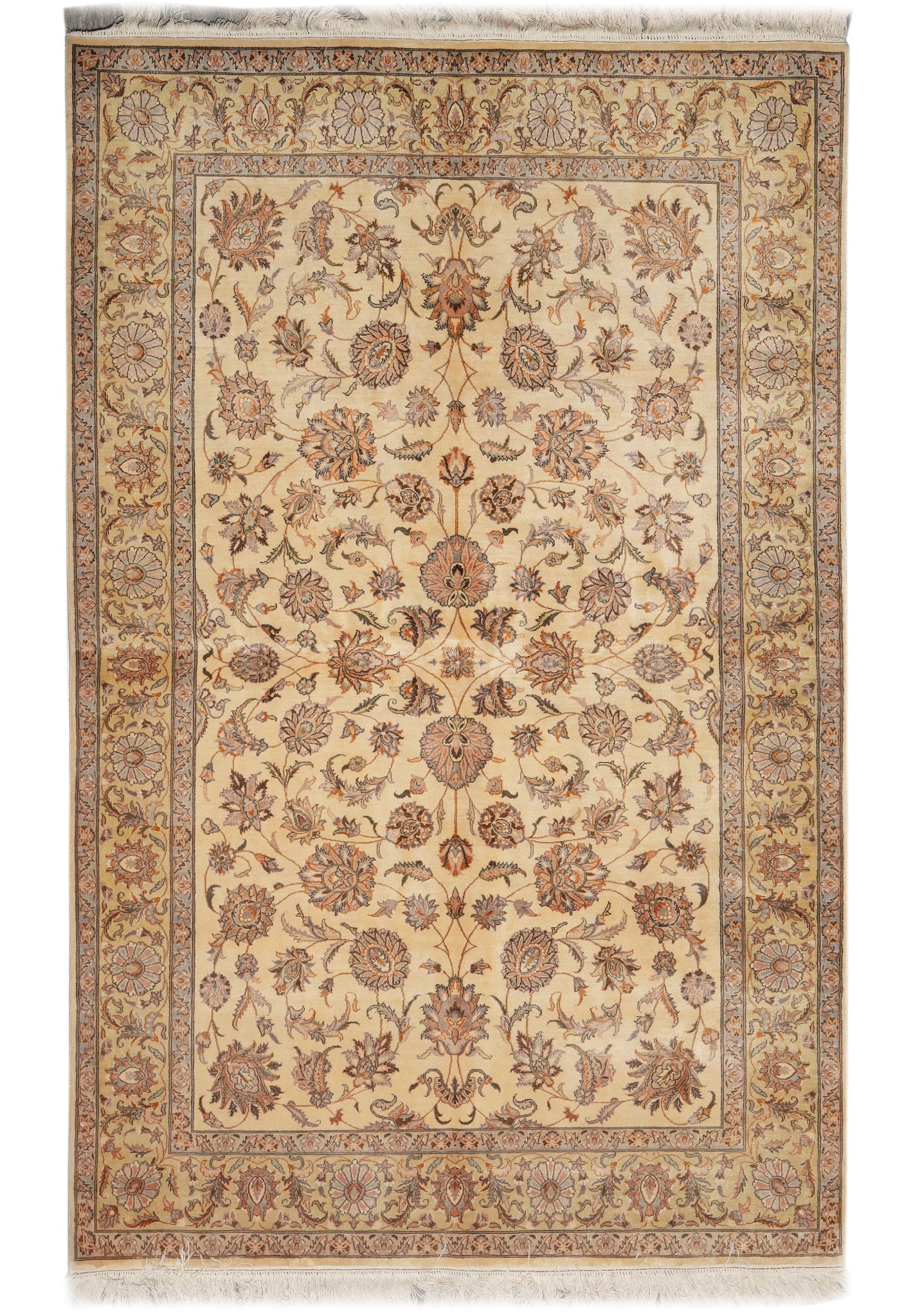 6 x 9 Fine Hand-Knotted Rug 200 KPSI Premium Silky Wool: 6 x 9 Fine Hand-Knotted Rug 200 KPSI Premium Silky Wool Free continental US Shipping This 6 x 9 fine hand-knotted rug is crafted from premium silky wool and features a 200 KPSI knot density. The hand-