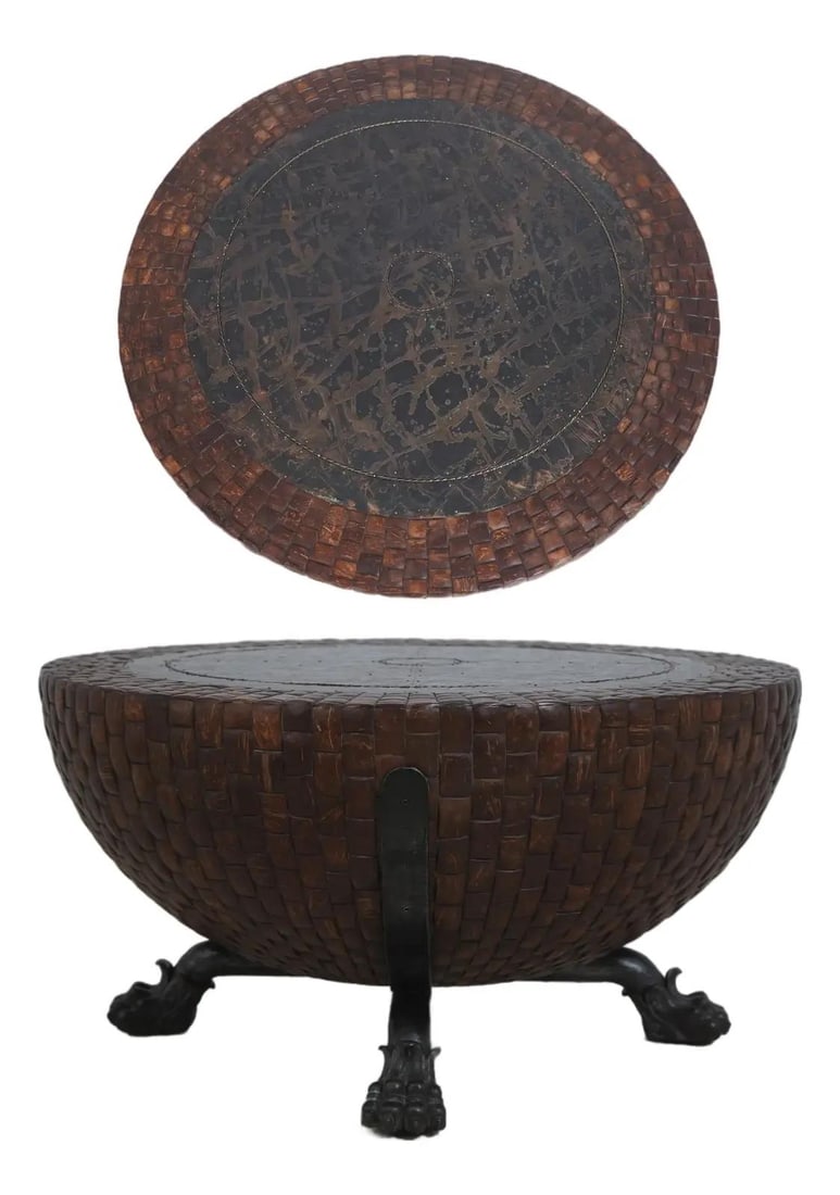 Krei Nairobi Bronze Drum Coffee Table Faux Coconut Shell Claw Feet: Krei Nairobi Bronze Drum Coffee Table Faux Coconut Shell Claw Feet This coffee table features a traditional style inspired by the Krei Nairobi drum table design. It is constructed with high-quality cr