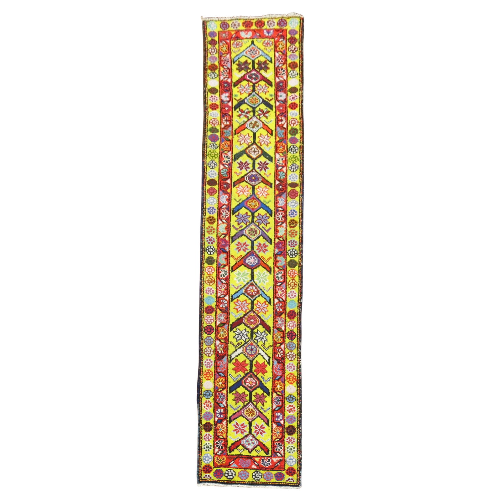 Vibrant Yellow Turkish Runner 32 x 146 in Gothic Revival Wool Hand-Woven: Vibrant Yellow Turkish Runner 32 x 146 in Gothic Revival Wool Hand-Woven This stunning bright yellow Turkish Anatolian runner is a beautiful example of Gothic Revival style. Hand-woven with high-quali