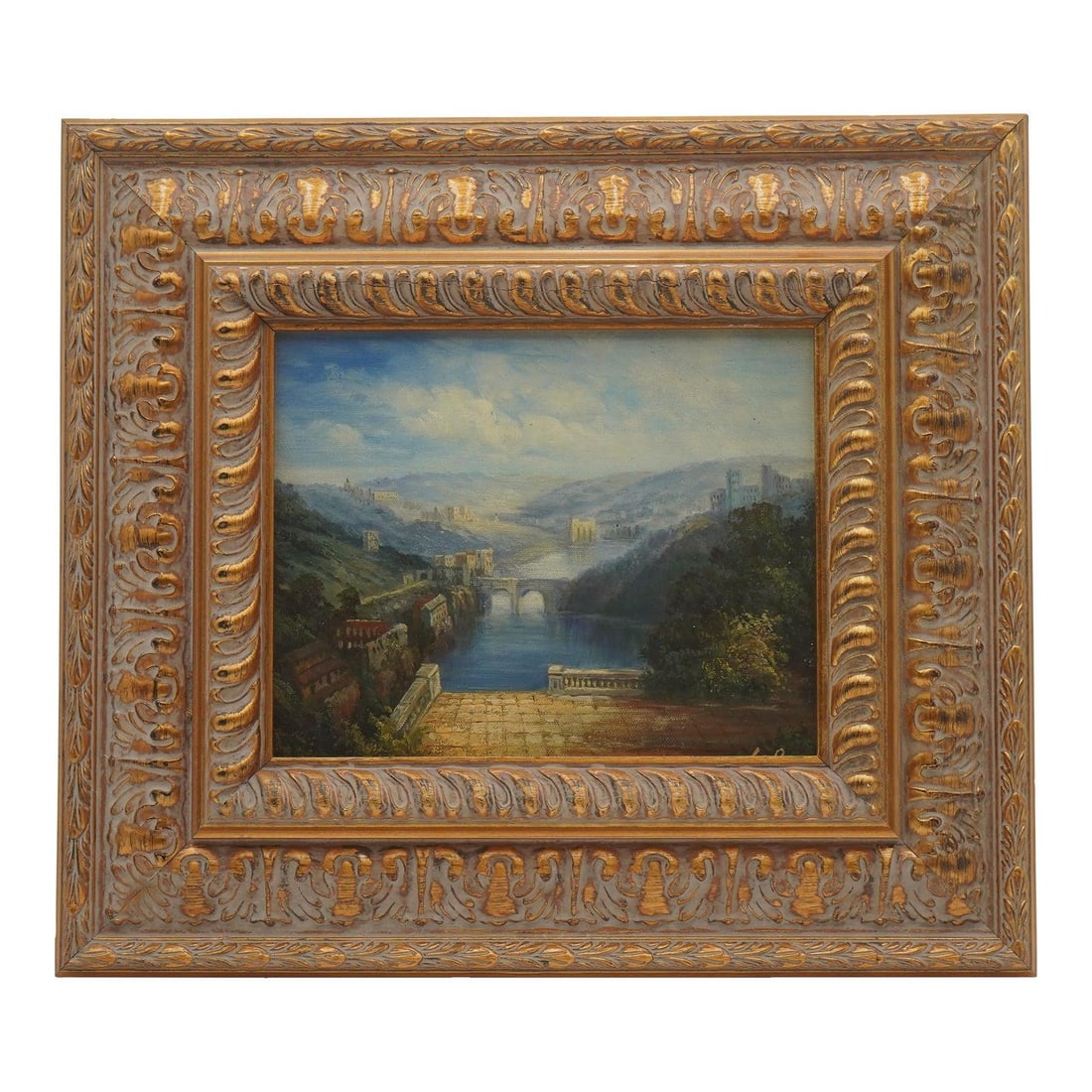 Signed European River Cityscape Oil on Canvas Framed Painting 17w x 15h: Signed European River Cityscape Oil on Canvas Framed Painting 17w x 15h 1980s European valley oil on canvas painting depicting a city by a river. It is professionally framed and features fine carved d