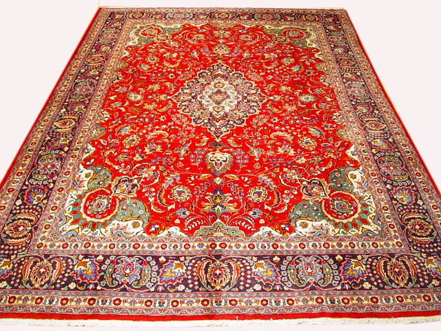 Handmade 9.6 x 13 Red Mashad Rug Persian Design Signed: Handmade 9.6 x 13 Red Mashad Rug Persian Design Signed Free continental US Shipping Enhance your living space with this exquisite 9.6 x 13 Red Mashad Rug, a true testament to Persian craftsmanship. Ha