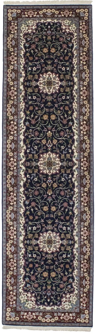 Wool Hand Knotted Kirman Floral Runner 2'8 x 9'7 Navy: Wool Hand Knotted Kirman Floral Runner 2'8 x 9'7 Navy Enhance your living space with this exquisite hand-knotted navy Kirman floral runner rug, perfect for hallways or other areas in your home. Measur
