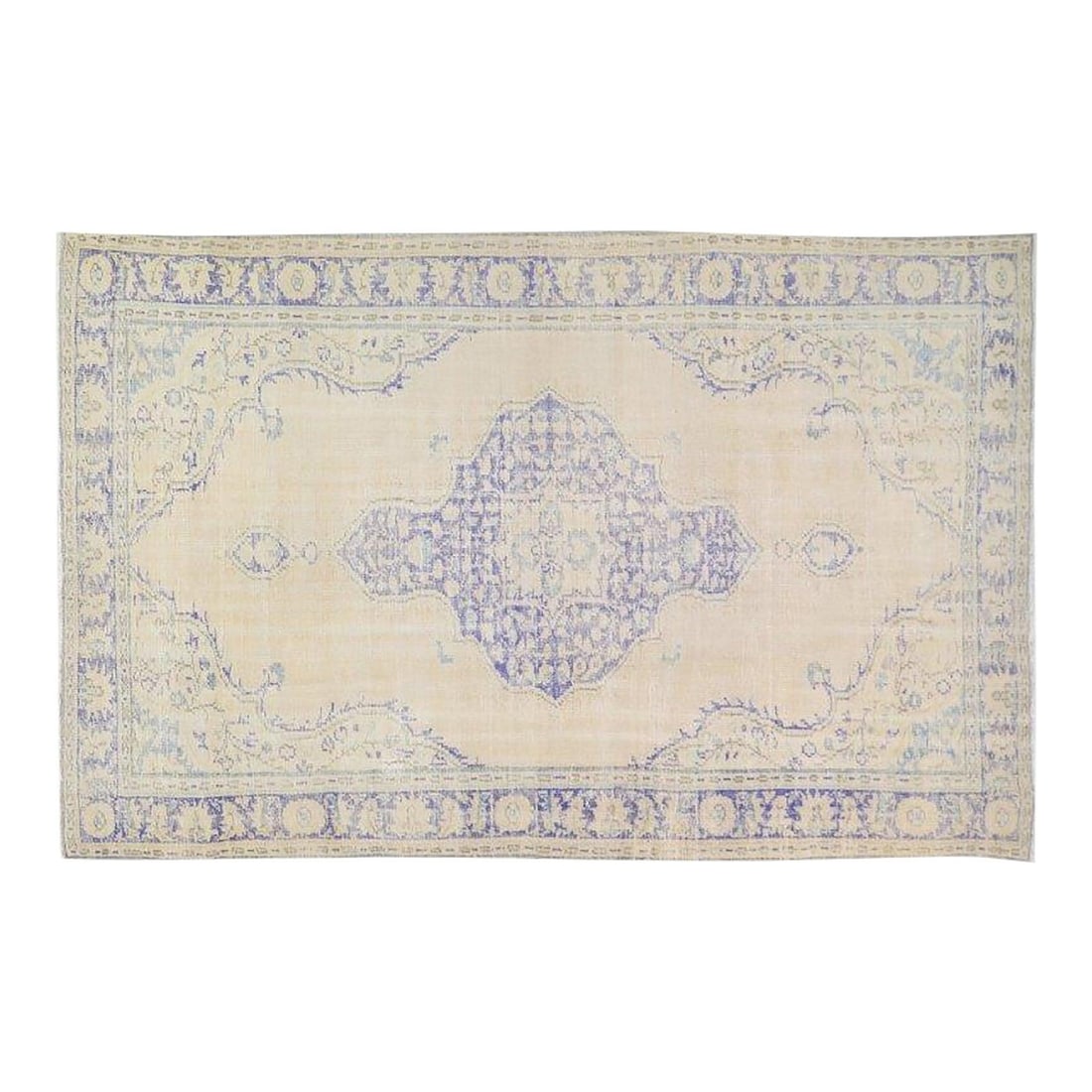 5'10" x 9'5" Anatolian Wool Rug Cream Hand Knotted Vintage: 5'10" x 9'5" Anatolian Wool Rug Cream Hand Knotted Vintage This vintage Turkish Anatolian rug is hand-knotted from wool using traditional techniques, offering a blend of timeless craftsmanship and mod
