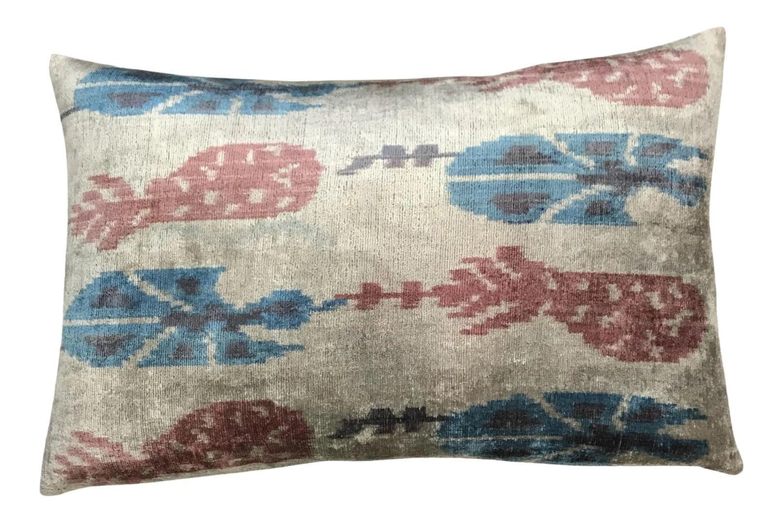 Blue Silk Ikat Velvet Decorative Pillow With Linen Backing 16x24 (1 of 3)
