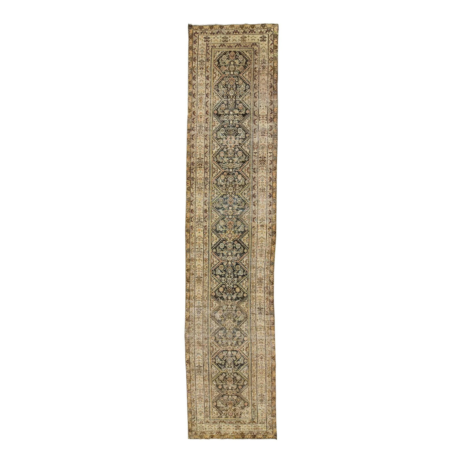 Antique Malayer Persian Wool Runner 3'6 x 16'1 Multicolor Tribal Design: Antique Malayer Persian Wool Runner 3'6 x 16'1 Multicolor Tribal Design Discover this exquisite handmade antique Malayer Persian runner rug featuring a stunning beige field adorned with vibrant multic
