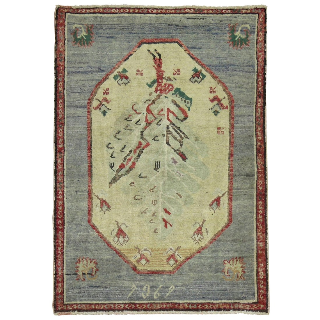1969 Hand Knotted Wool Turkish Folk Art Rug Gray Floral: 1969 Hand Knotted Wool Turkish Folk Art Rug Gray Floral This vintage Turkish Anatolian throw rug from 1969 features a grayish blue field with a trapezoid-shaped medallion, highlighted by beige, rust r