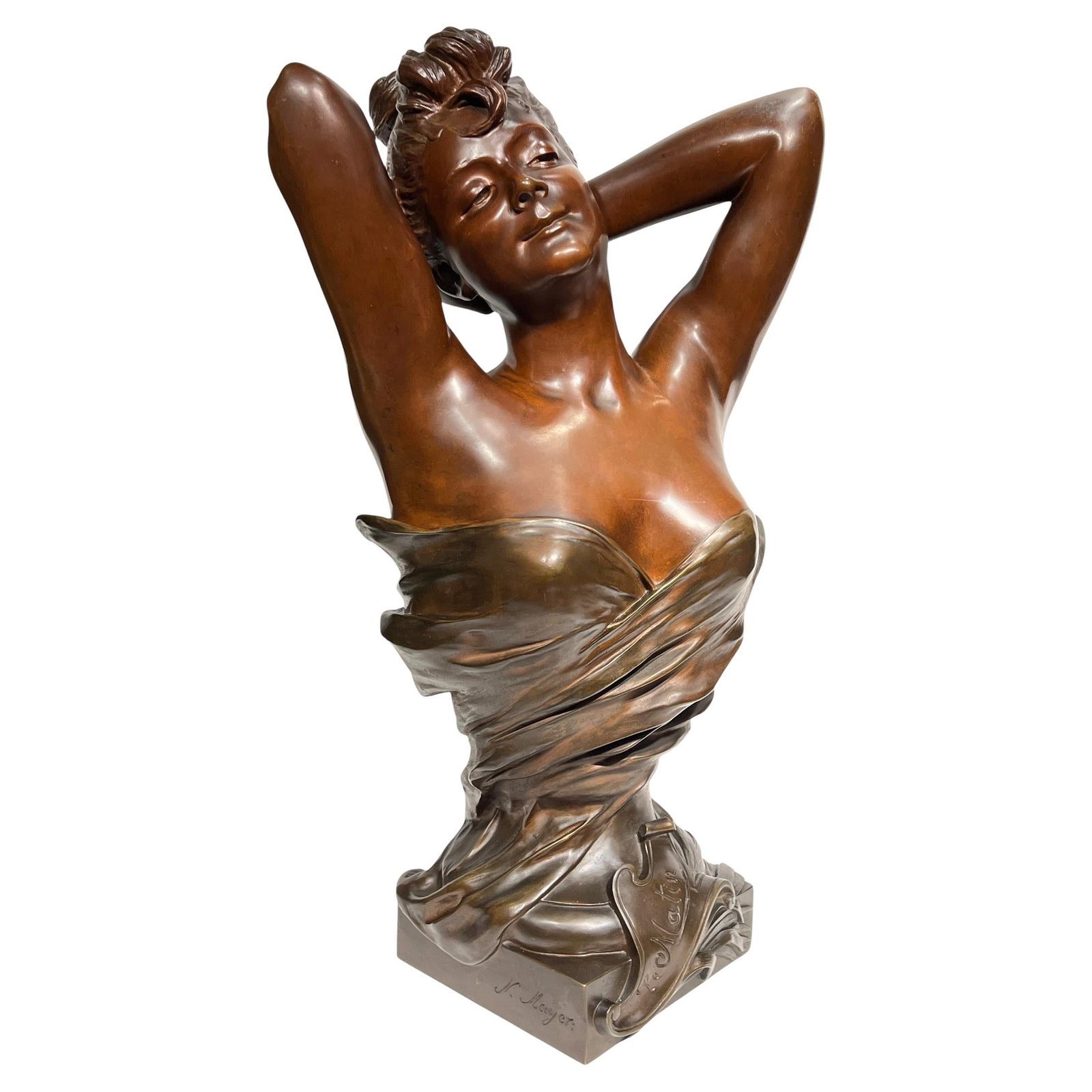 Bronze and Marble Female Bust Le Matin After Nicolas Mayer France c1900: Bronze and Marble Female Bust Le Matin After Nicolas Mayer France c1900 Antique late 19th-century patinated bronze bust titled "Le Matin" (The Morning), depicting a stretching female figure. This