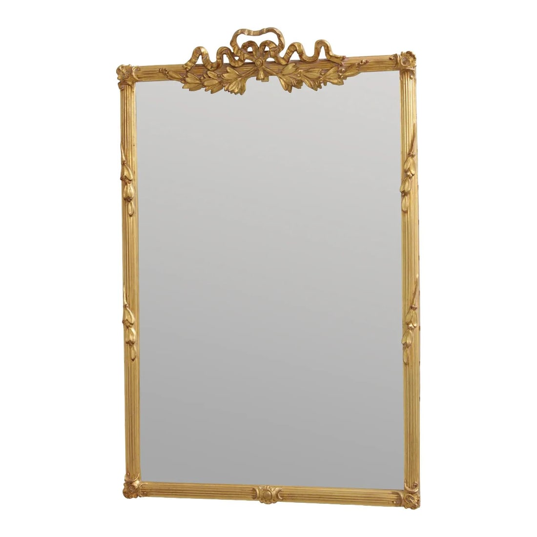 French Style Carved Gold Gilt Bow Top Wall Mirror with Beveled Glass: French Style Carved Gold Gilt Bow Top Wall Mirror with Beveled Glass This wall mirror features a finely carved bow top with a gold gilt painted and fluted frame, reflecting a French traditional style.