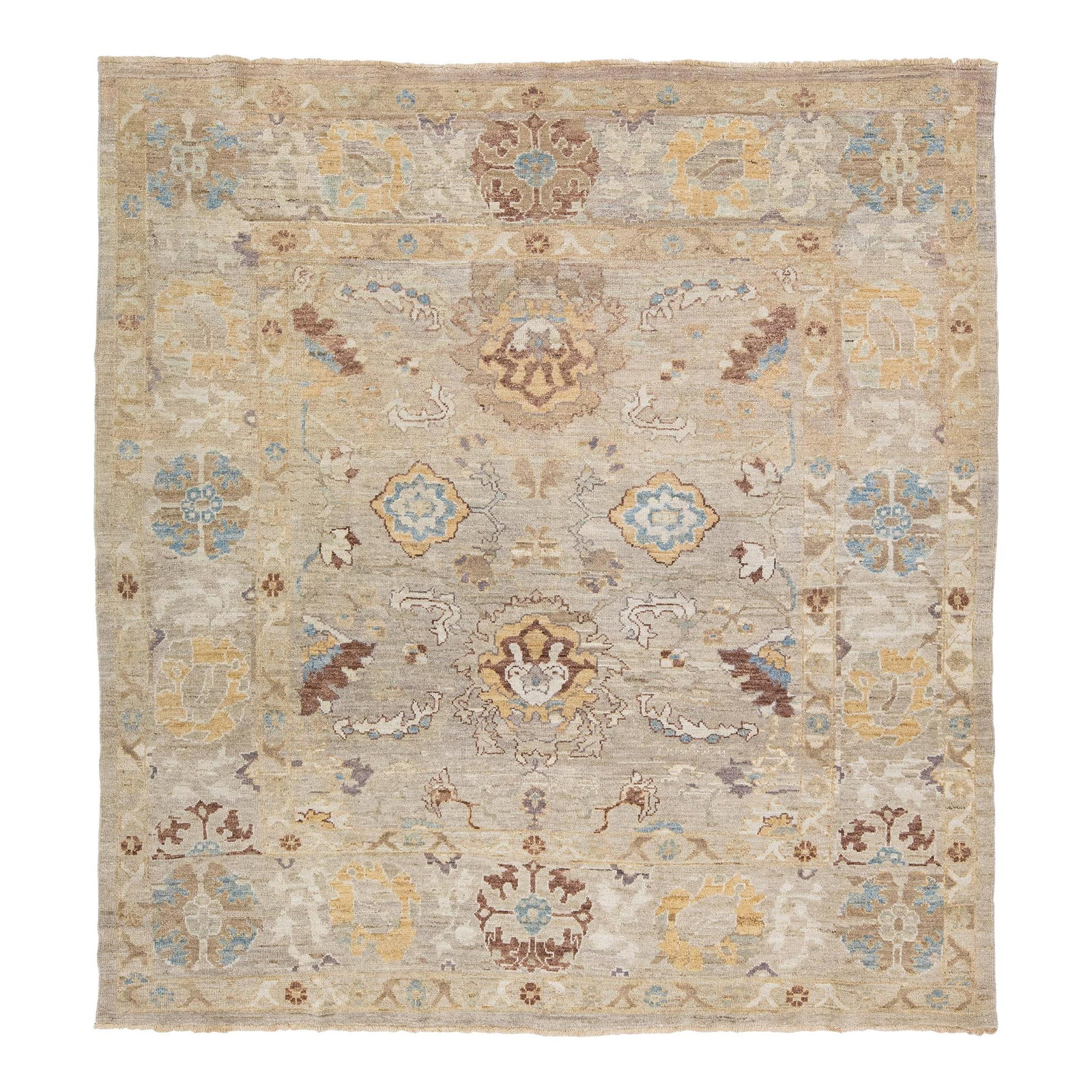 Beige Handmade Persian Sultanabad Wool Rug 7'9" x 8'6" Floral Design: Beige Handmade Persian Sultanabad Wool Rug 7'9" x 8'6" Floral Design Enhance your home decor with this exquisite Modern Persian Sultanabad handmade wool rug. Featuring a stunning gray and beige field,