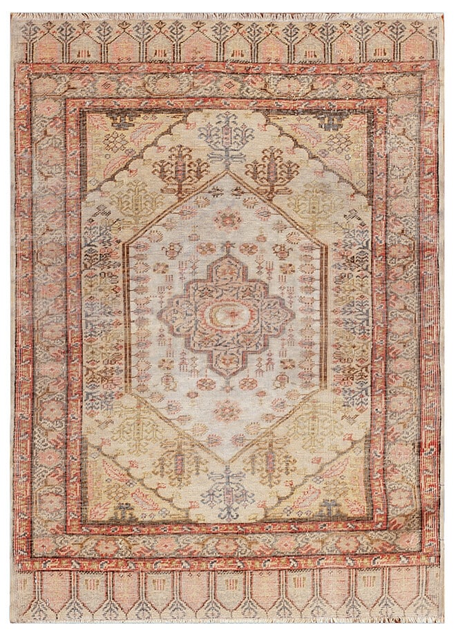 Antique Hereke Silk Area Rug 2'3 x 3'1 Ivory Turkey: Antique Hereke Silk Area Rug 2'3 x 3'1 Ivory Turkey This rare antique Hereke rug from Turkey, dating to circa 1890, is meticulously hand-knotted from 100% natural silk. Featuring a unique geometric pa