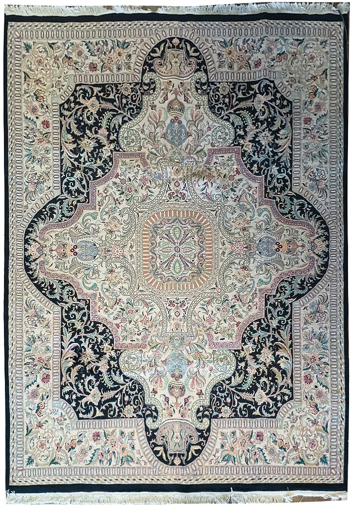 8.1 x 10.5 Hand-Knotted Wool Rug Black Ivory Tabriz 200 KPSI: 8.1 x 10.5 Hand-Knotted Wool Rug Black Ivory Tabriz 200 KPSI Free continental US Shipping Introducing the exquisite 8.1 x 10.5 Fine Quality Rug in a striking Black and Ivory color scheme. This handwov