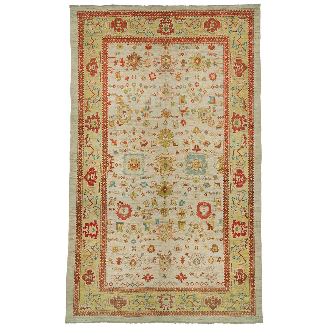Oversize Vintage Turkish Oushak Rug 14'5'' x 24'1'' Hand-Knotted Wool: Oversize Vintage Turkish Oushak Rug 14'5'' x 24'1'' Hand-Knotted Wool This oversized vintage Turkish Oushak rug features a stunning design with candy color accents on a neutral bone color ground. Hand