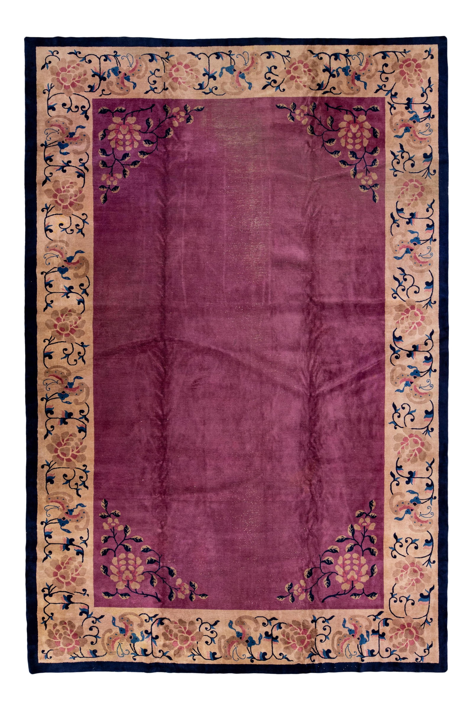 Antique Chinese Art Deco Handmade Wool Rug Floral Design 11'11 x 19'2: Antique Chinese Art Deco Handmade Wool Rug Floral Design 11'11 x 19'2 Discover the elegance of this oversized antique Chinese Art Deco wool rug, meticulously hand-knotted to showcase a stunning floral