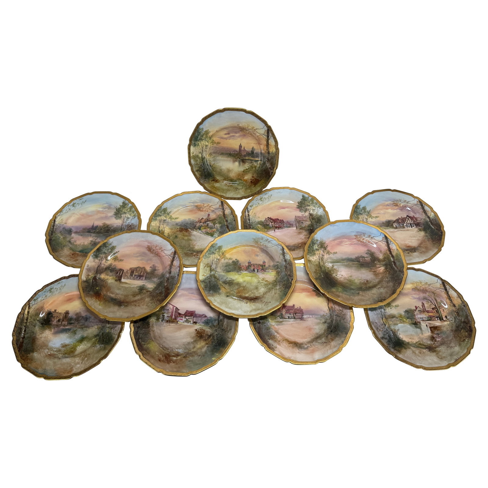 Set of 12 Royal Doulton Shakespeare's Country Plates by J. Hughs 1902-1922: Set of 12 Royal Doulton Shakespeare's Country Plates by J. Hughs 1902-1922 This exquisite set includes twelve Royal Doulton "Shakespeare's Country" cabinet plates, artist-signed by J. Hughs, produced 